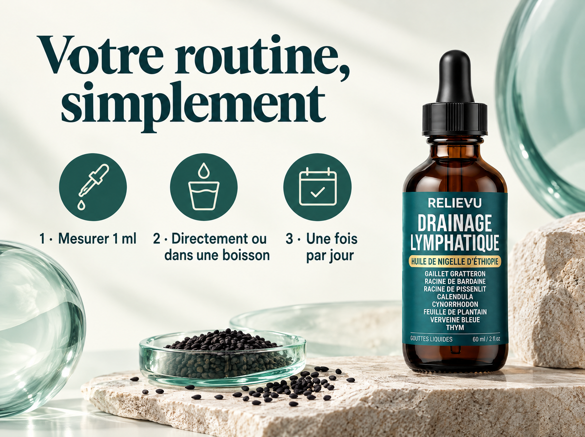 Complexe Lymphatique Liposomal — Votre routine, simplement ; 1 · Mesurer 1 ml ; 2 · Directement ou dans une boisson ; 3 · Une fois par jour
