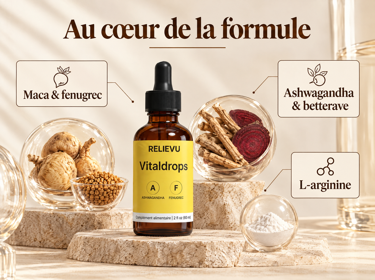 Maca, Fenugrec, Ashwagandha, Betterave Et L-Arginine — Au cœur de la formule ; Maca & fenugrec ; Ashwagandha & betterave ; L-arginine
