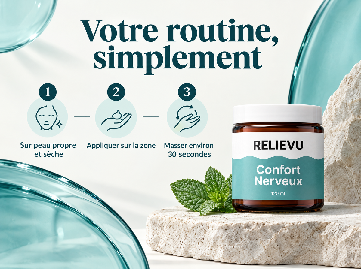 Crème Menthol Et Magnésium — Votre routine, simplement ; 1 · Sur peau propre et sèche ; 2 · Appliquer sur la zone ; 3 · Masser environ 30 secondes