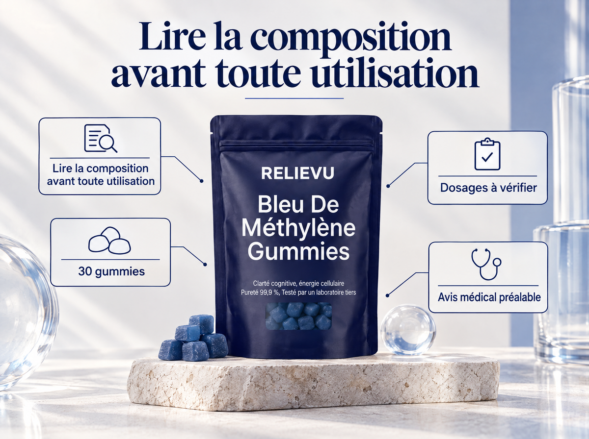 Bleu De Méthylène USP 5 mg — Lire la composition avant toute utilisation ; 30 gummies ; Dosages à vérifier ; Avis médical préalable