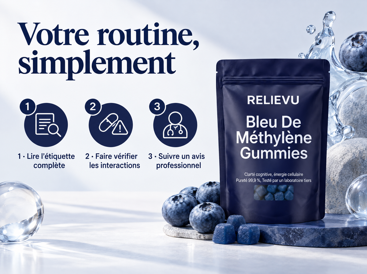 Bleu De Méthylène USP 5 mg — Votre routine, simplement ; 1 · Lire l’étiquette complète ; 2 · Faire vérifier les interactions ; 3 · Suivre un avis professionnel