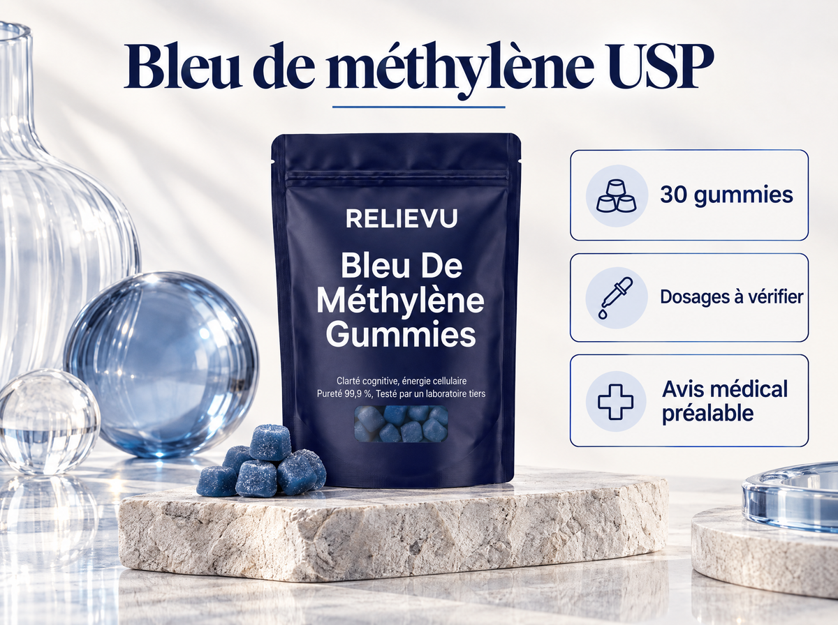 Bleu De Méthylène USP 5 mg — Bleu de méthylène USP ; 30 gummies ; Dosages à vérifier ; Avis médical préalable