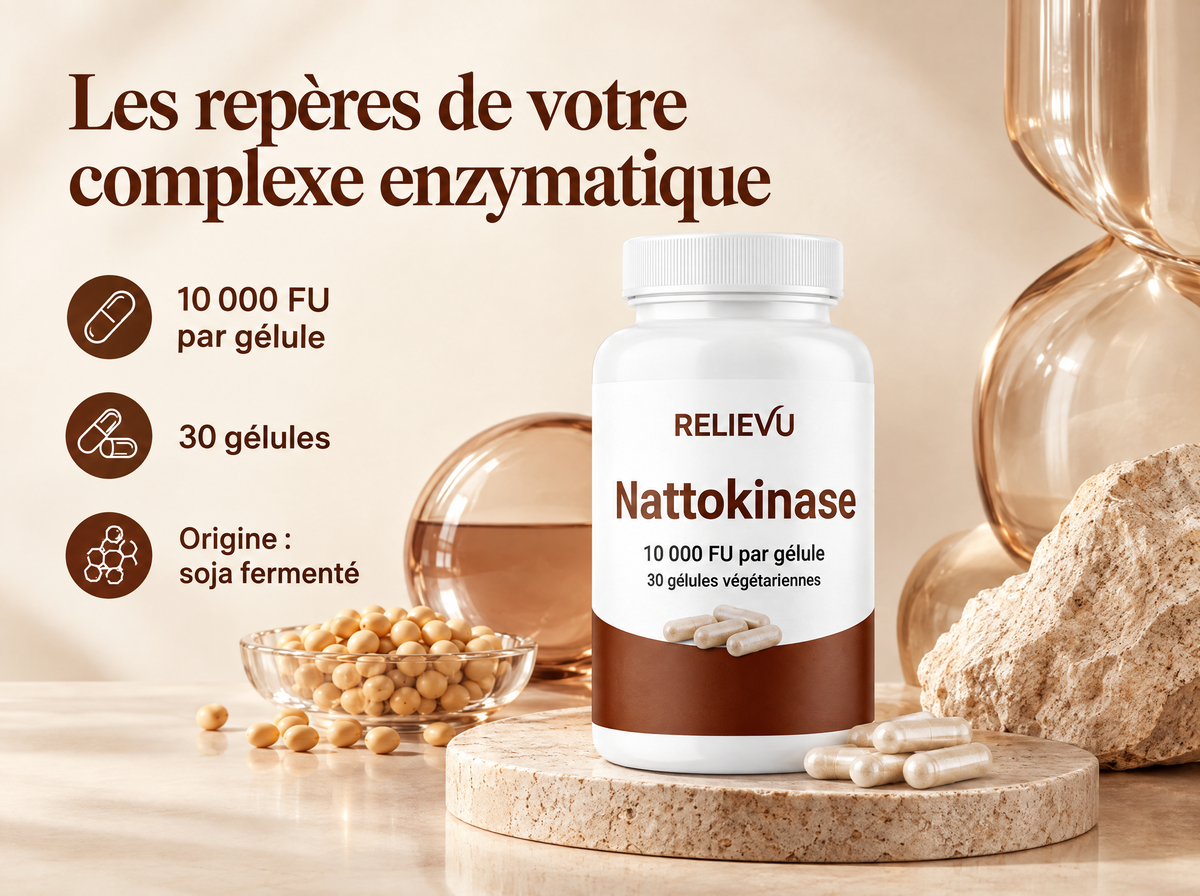 Nattokinase 10 000 FU — Les repères de votre complexe enzymatique ; 10 000 FU par gélule ; 30 gélules ; Origine : soja fermenté