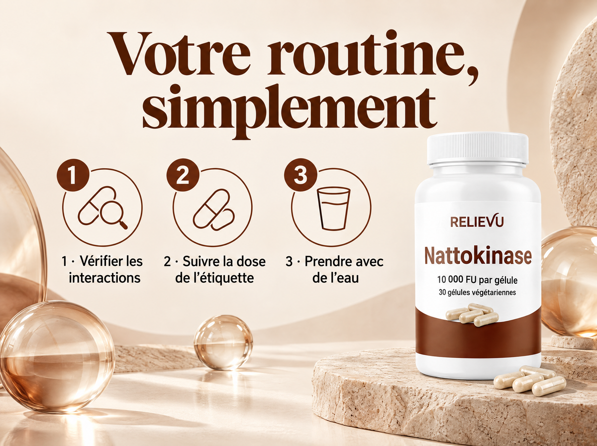 Nattokinase 10 000 FU — Votre routine, simplement ; 1 · Vérifier les interactions ; 2 · Suivre la dose de l’étiquette ; 3 · Prendre avec de l’eau