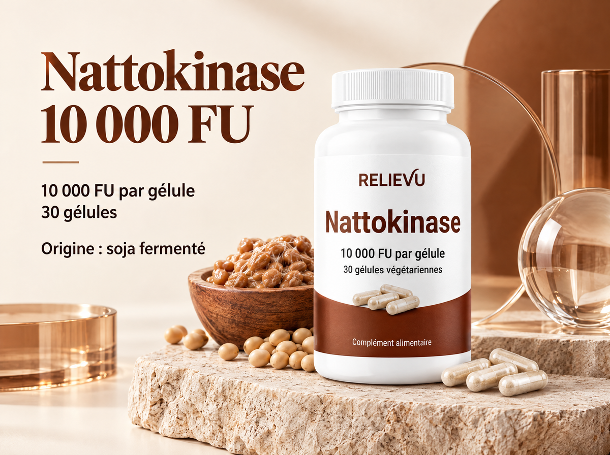 Nattokinase 10 000 FU — Nattokinase 10 000 FU ; 10 000 FU par gélule ; 30 gélules ; Origine : soja fermenté