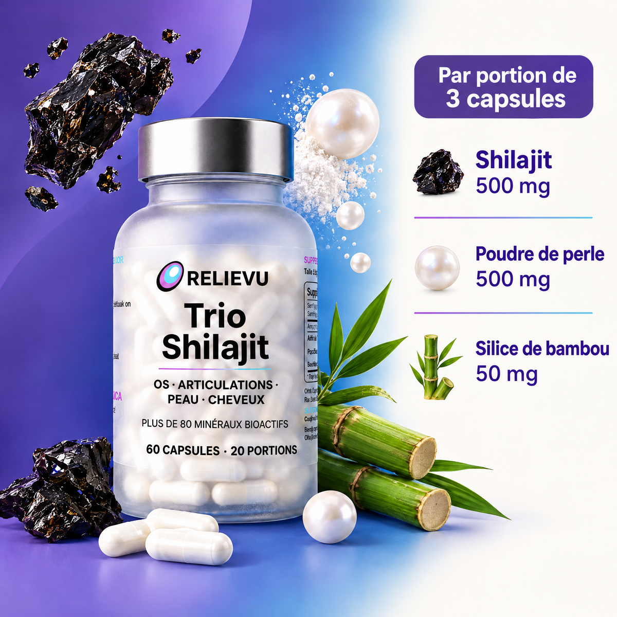 Shilajit, perle et silice de bambou — 60 capsules, 20 portions — visuel 3