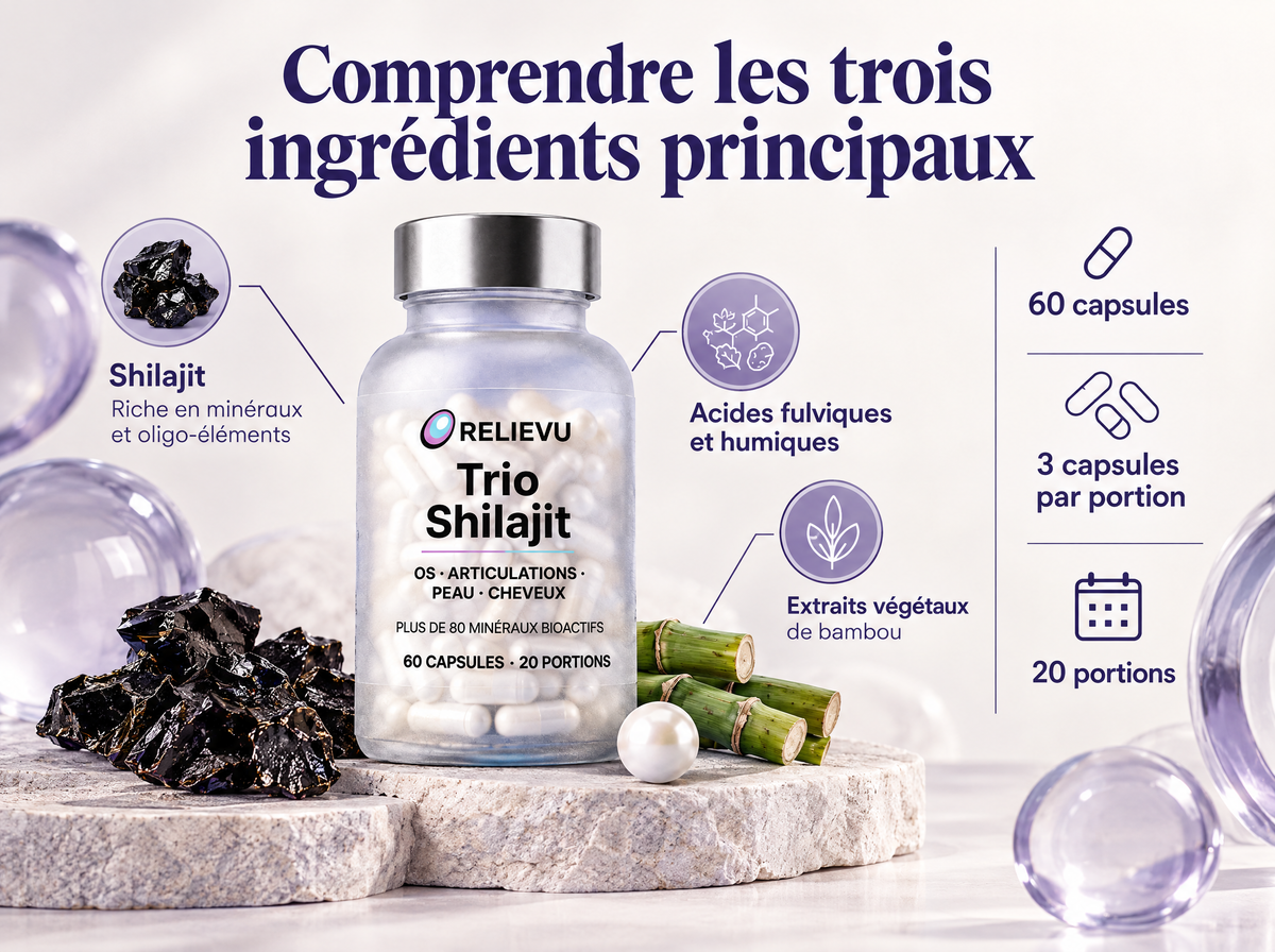 Shilajit, Perle Et Silice De Bambou — Comprendre les trois ingrédients principaux ; 60 capsules ; 3 capsules par portion ; 20 portions