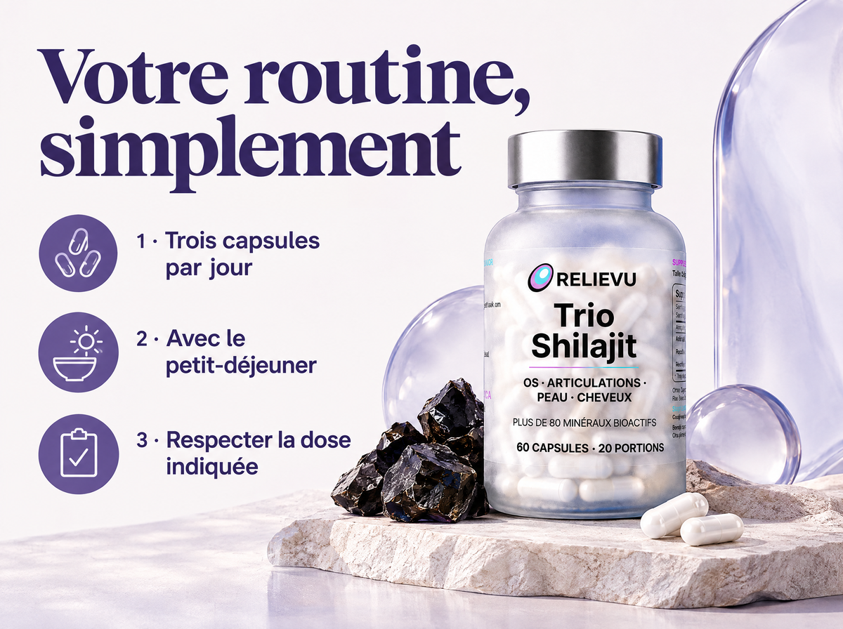 Shilajit, Perle Et Silice De Bambou — Votre routine, simplement ; 1 · Trois capsules par jour ; 2 · Avec le petit-déjeuner ; 3 · Respecter la dose indiquée
