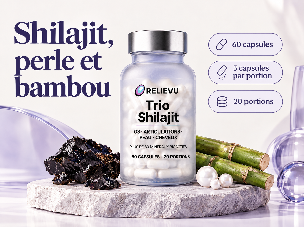 Shilajit, Perle Et Silice De Bambou — Shilajit, perle et bambou ; 60 capsules ; 3 capsules par portion ; 20 portions