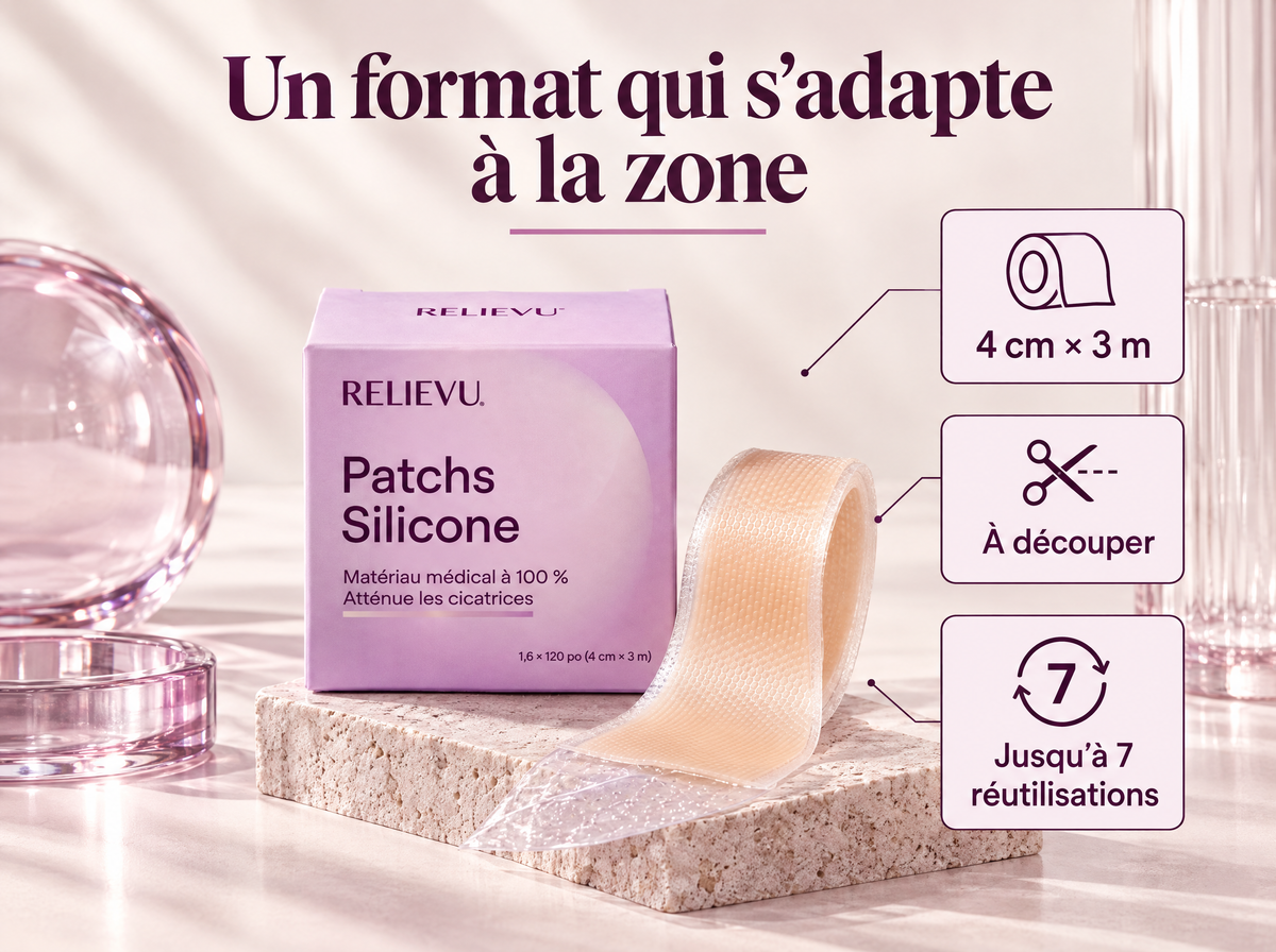 Patchs En Silicone 4 Cm × 3 M — Un format qui s’adapte à la zone ; 4 cm × 3 m ; À découper ; Jusqu’à 7 réutilisations