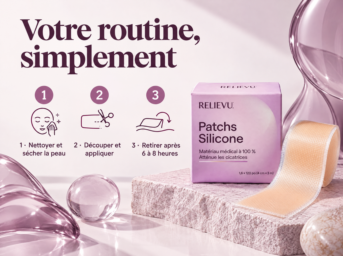Patchs En Silicone 4 Cm × 3 M — Votre routine, simplement ; 1 · Nettoyer et sécher la peau ; 2 · Découper et appliquer ; 3 · Retirer après 6 à 8 heures