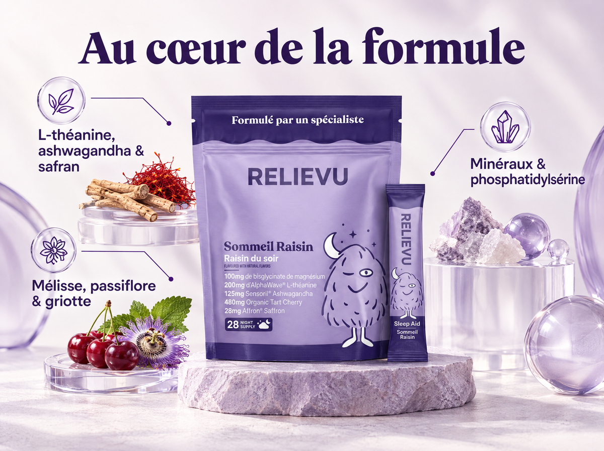 Complexe Sommeil Sans Mélatonine Au Raisin — Au cœur de la formule ; L-théanine, ashwagandha & safran ; Mélisse, passiflore & griotte ; Minéraux & phosphatidylsérine