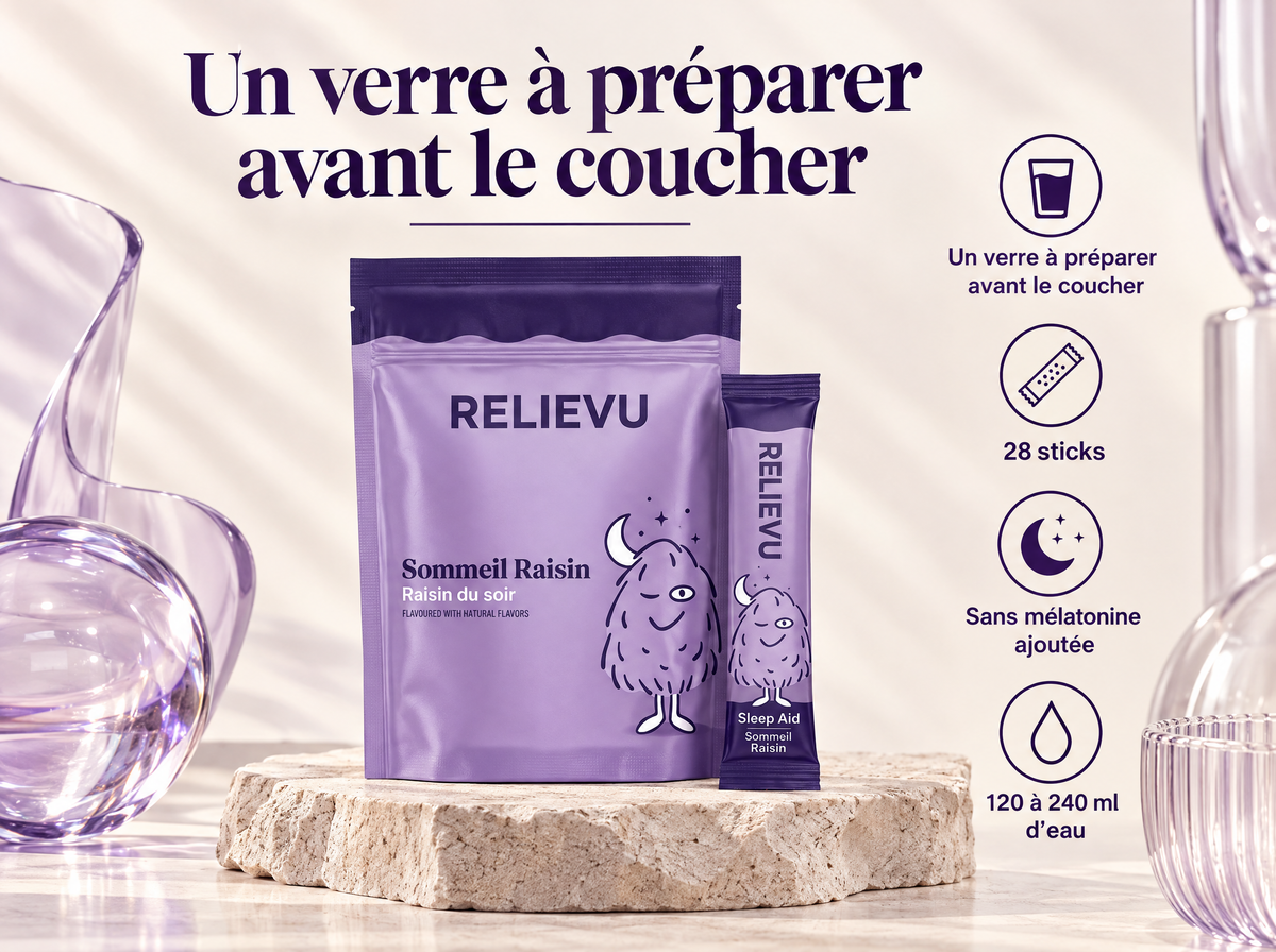 Complexe Sommeil Sans Mélatonine Au Raisin — Un verre à préparer avant le coucher ; 28 sticks ; Sans mélatonine ajoutée ; 120 à 240 ml d’eau
