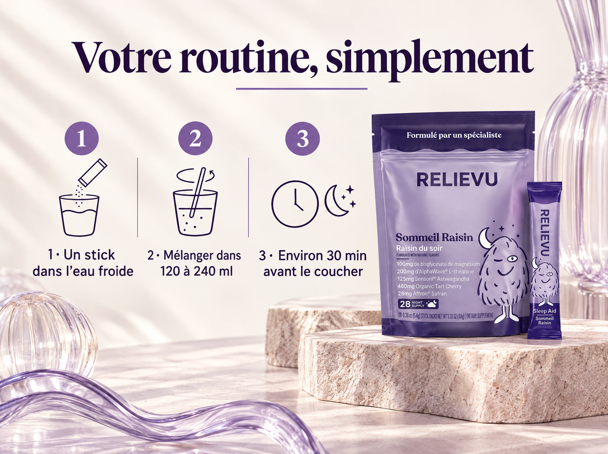 Complexe Sommeil Sans Mélatonine Au Raisin — Votre routine, simplement ; 1 · Un stick dans l’eau froide ; 2 · Mélanger dans 120 à 240 ml ; 3 · Environ 30 min avant le coucher