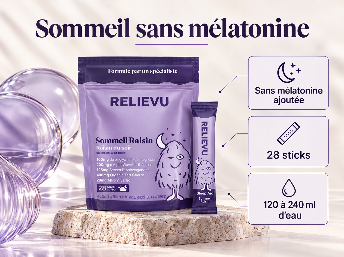 Complexe Sommeil Sans Mélatonine Au Raisin — Sommeil sans mélatonine ; 28 sticks ; Sans mélatonine ajoutée ; 120 à 240 ml d’eau
