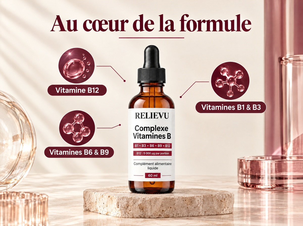 Complexe De Vitamines B — Au cœur de la formule ; Vitamine B12 ; Vitamines B1 & B3 ; Vitamines B6 & B9