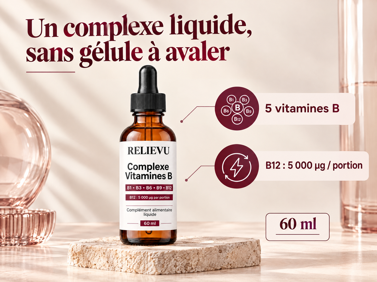 Complexe De Vitamines B — Un complexe liquide, sans gélule à avaler ; 60 ml ; 5 vitamines B ; B12 : 5 000 µg / portion