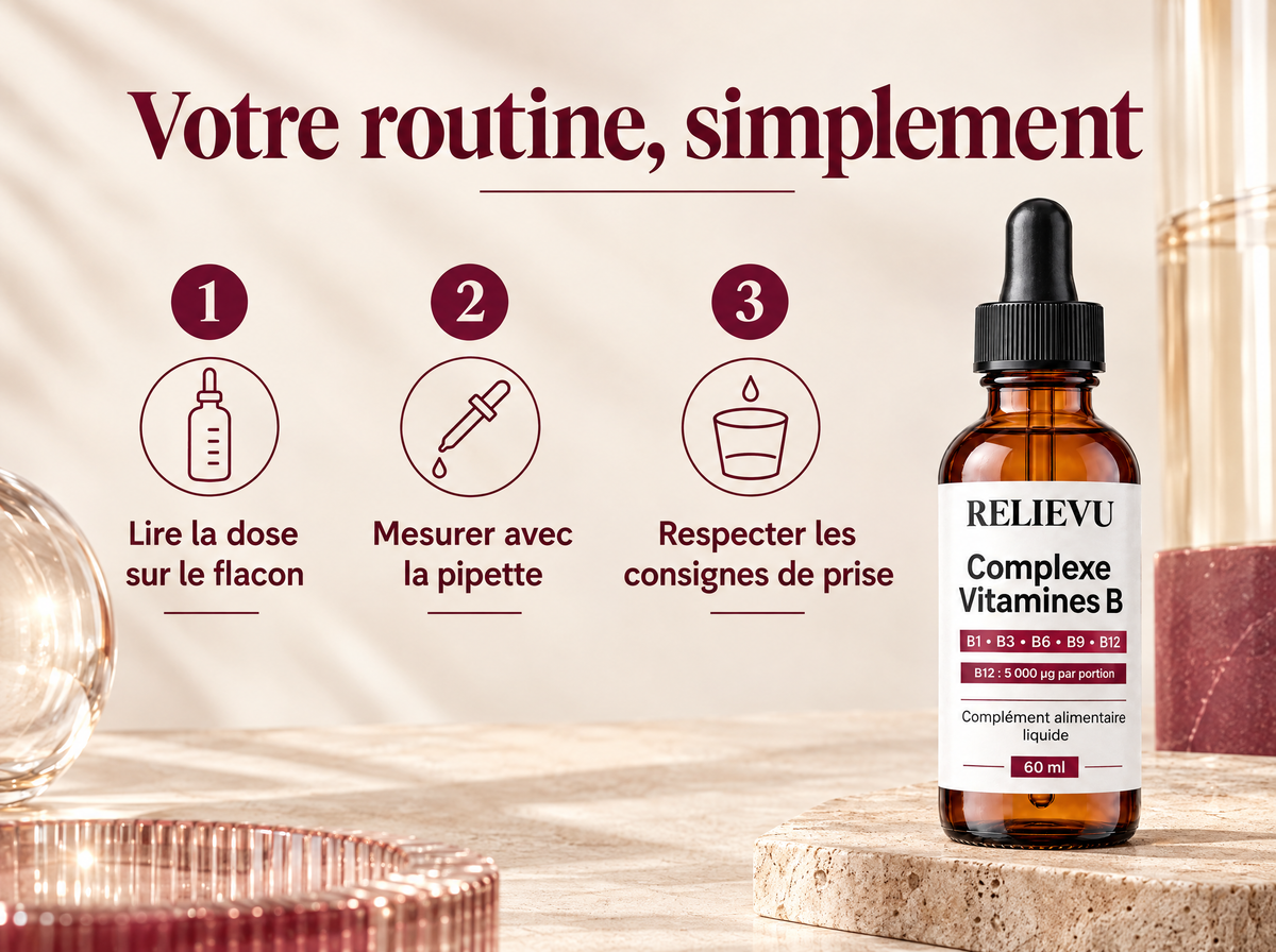 Complexe De Vitamines B — Votre routine, simplement ; 1 · Lire la dose sur le flacon ; 2 · Mesurer avec la pipette ; 3 · Respecter les consignes de prise