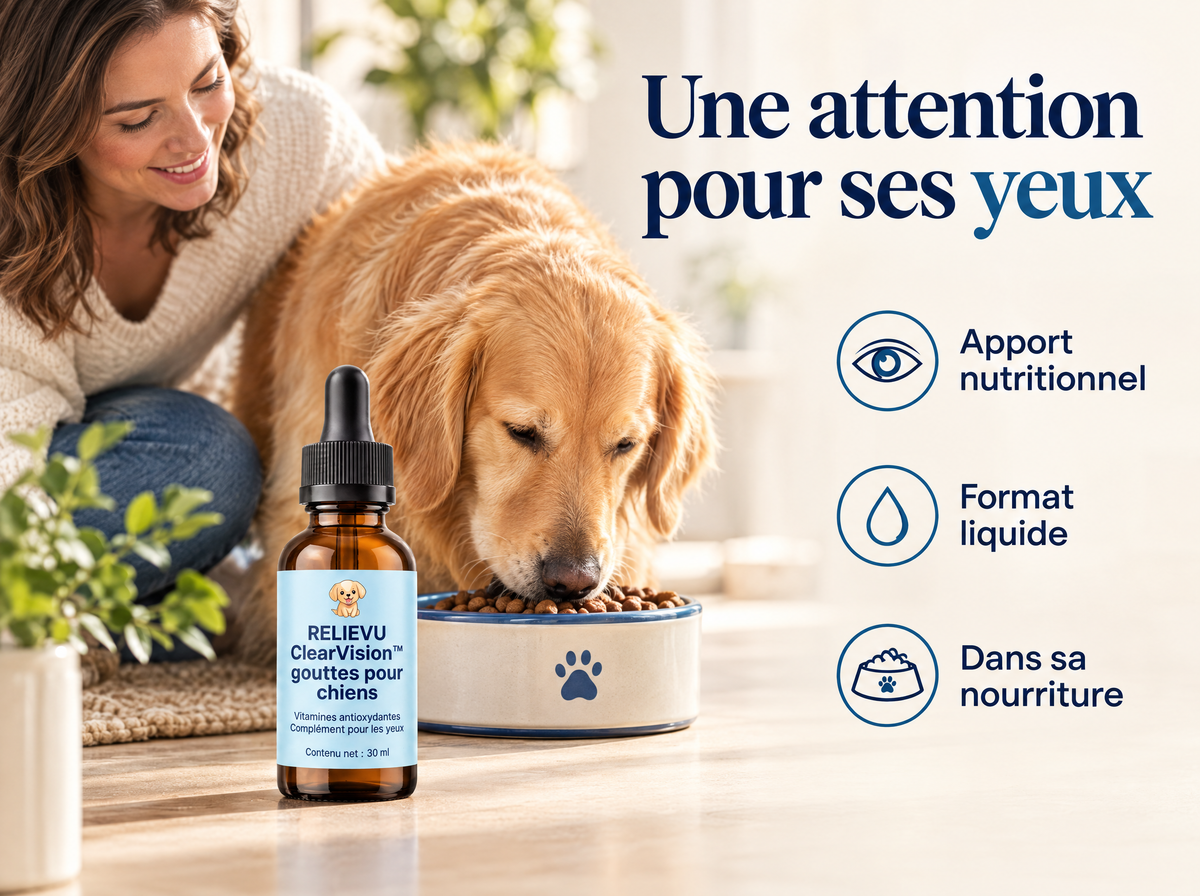 ClearVision, soutien nutritionnel des yeux du chien : Apport nutritionnel, Format liquide, Dans sa nourriture.
