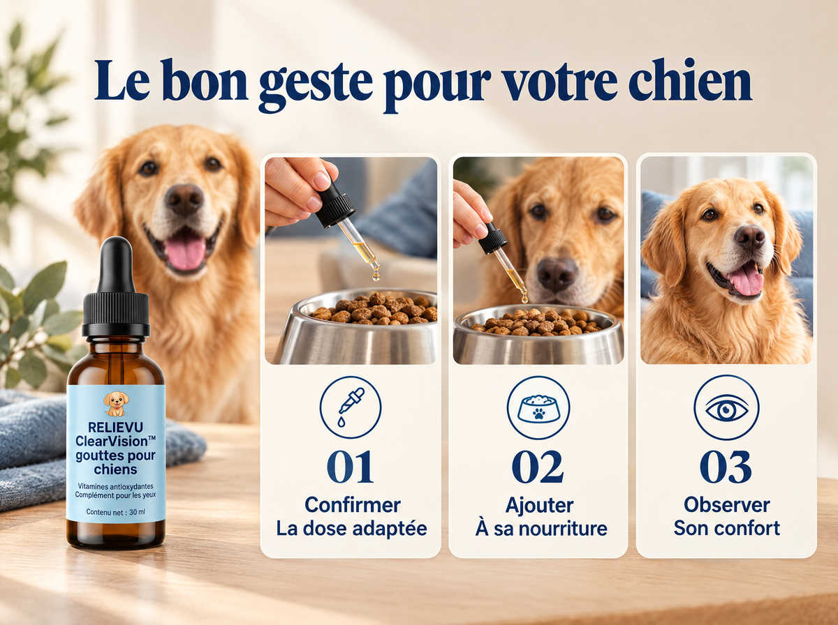 ClearVision, soutien nutritionnel des yeux du chien : Confirmer ; La dose adaptée ; Ajouter ; À sa nourriture ; Observer ; Son confort.