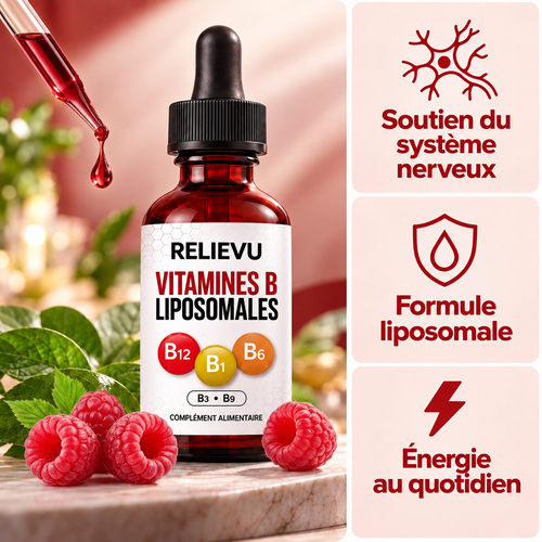 Complexe Vitamines B Liposomal Relievu, flacon compte-gouttes et présentation en français