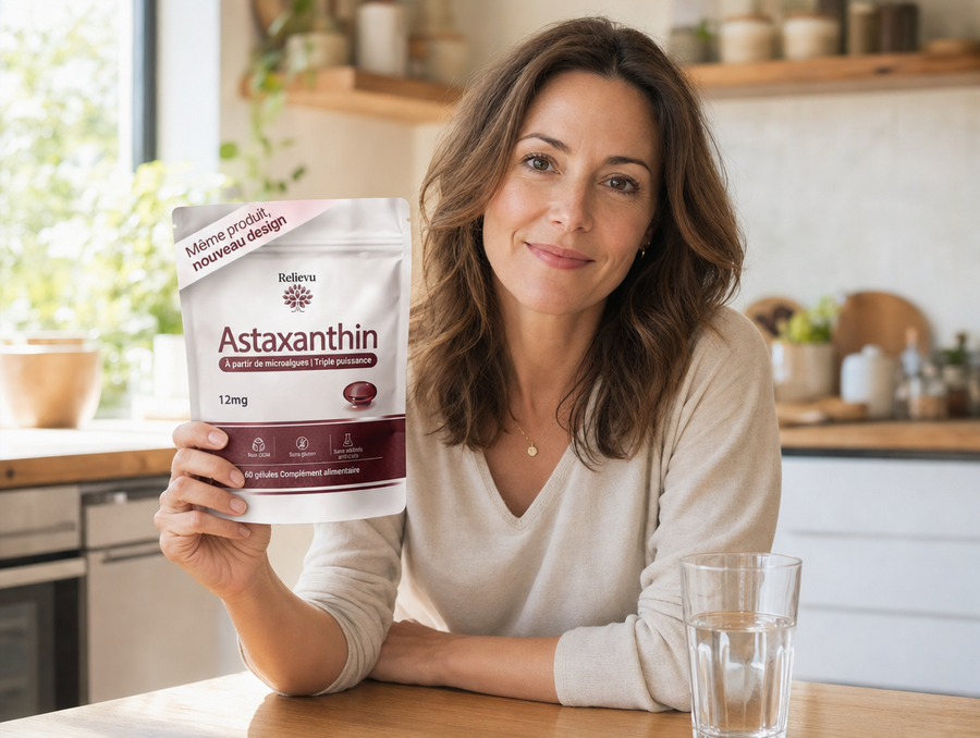 Cliente tenant le sachet Relievu Astaxanthine