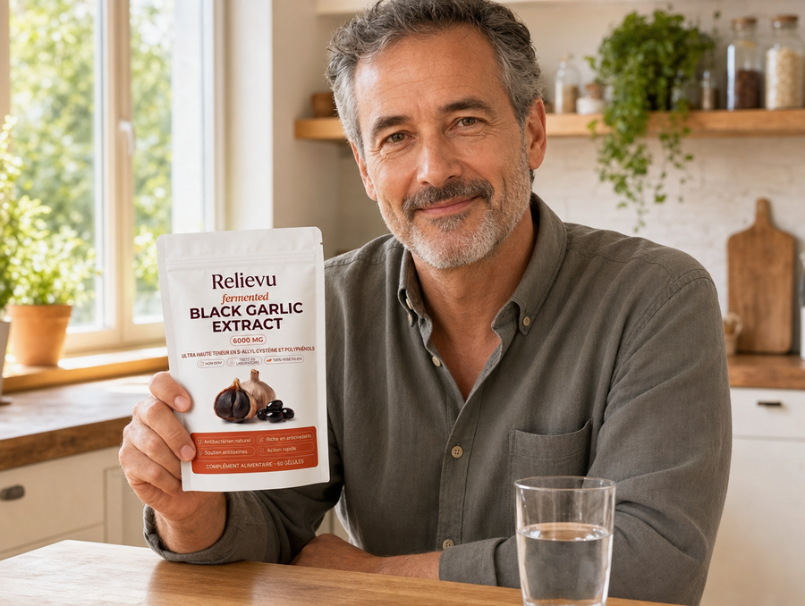 Client tenant le sachet Relievu Ail Noir Fermenté