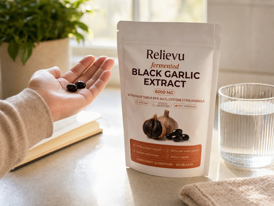 Deux gélules Relievu Ail Noir avec un verre d'eau