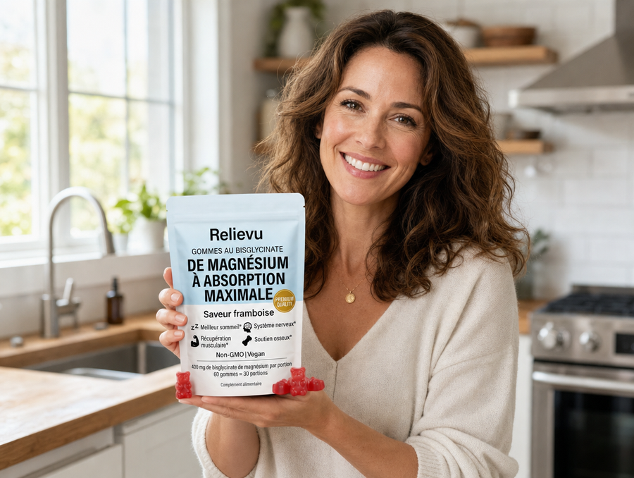 Femme tenant le pot de gommes Relievu Magnésium