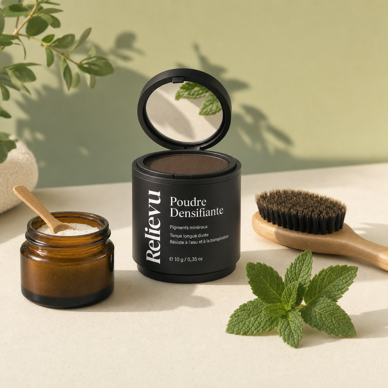 Poudre densifiante cheveux Relievu et accessoires de soin