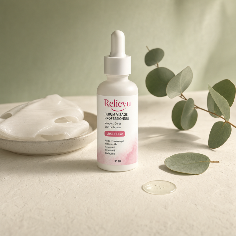 Serum visage Relievu et masque en hydrogel sur fond creme