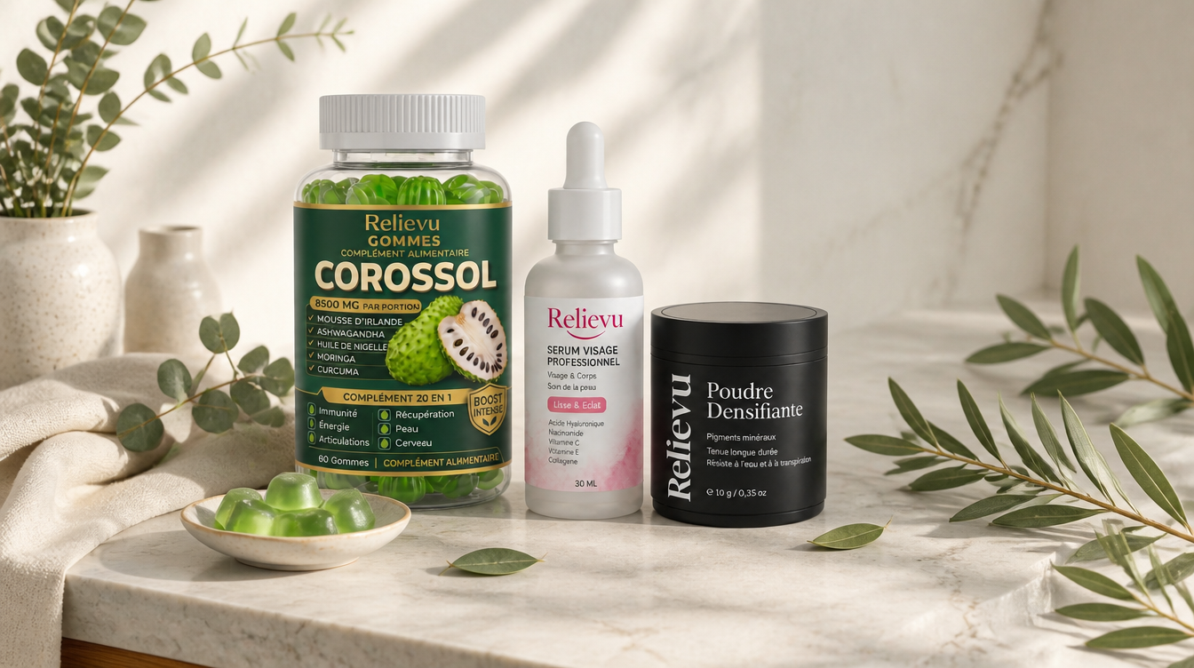 Produits Relievu sur un plan de travail clair avec des branches d'eucalyptus