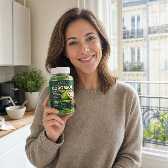 Cliente Relievu tenant un pot de gommes dans sa cuisine