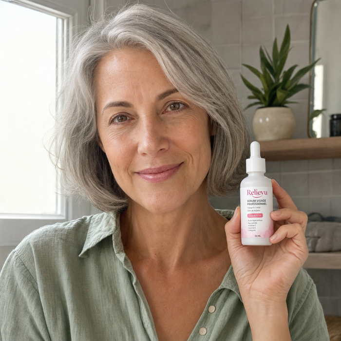 Cliente Relievu tenant le serum visage dans sa salle de bain