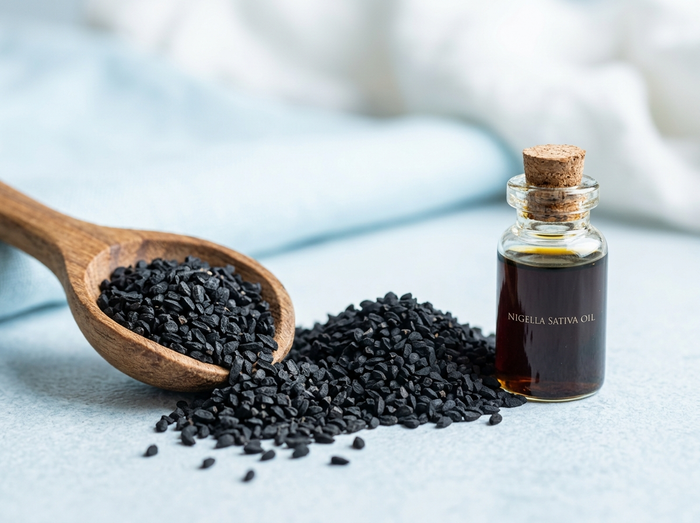 Gros plan macro de graines de nigelle et huile de graines noires
