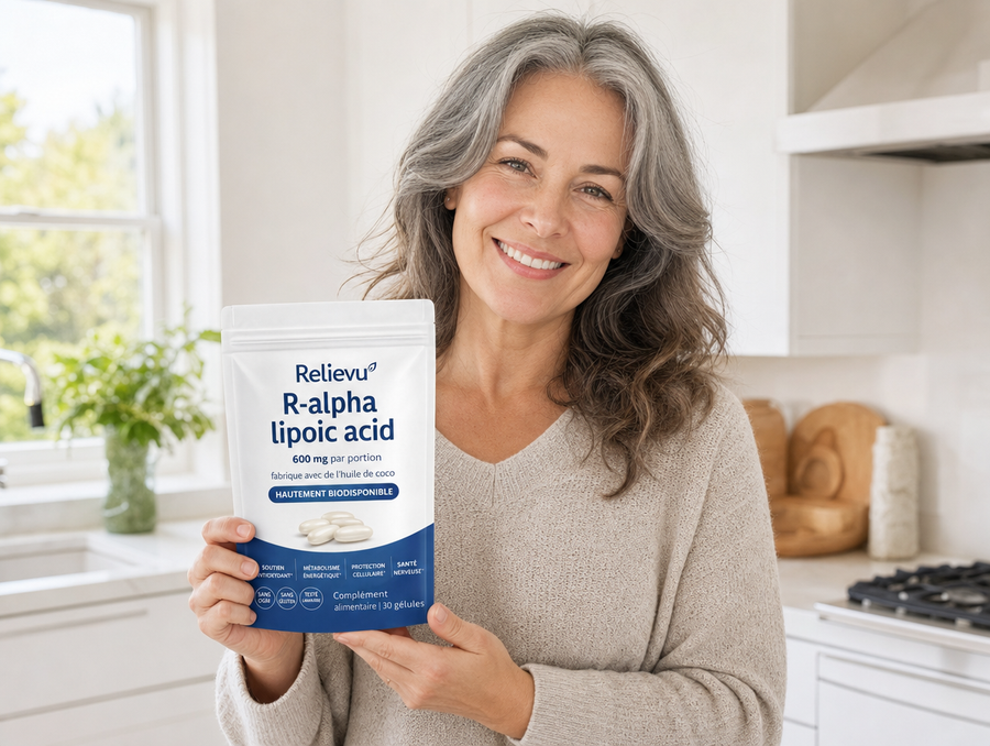 Femme tenant le sachet Relievu Acide Alpha Lipoïque R