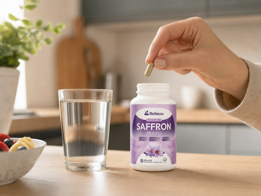 Gélule Relievu Safran avec un verre d'eau