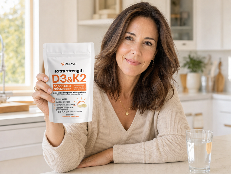 Cliente tenant le sachet Relievu Vitamine D3 & K2