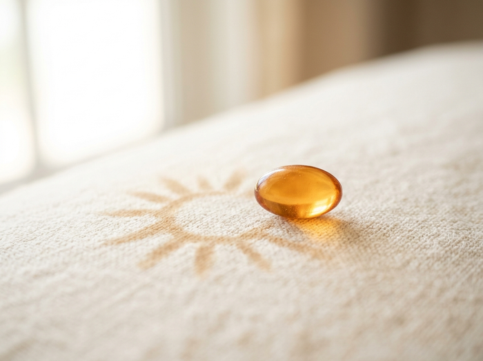 Vitamine D3, softgel ambré et soleil