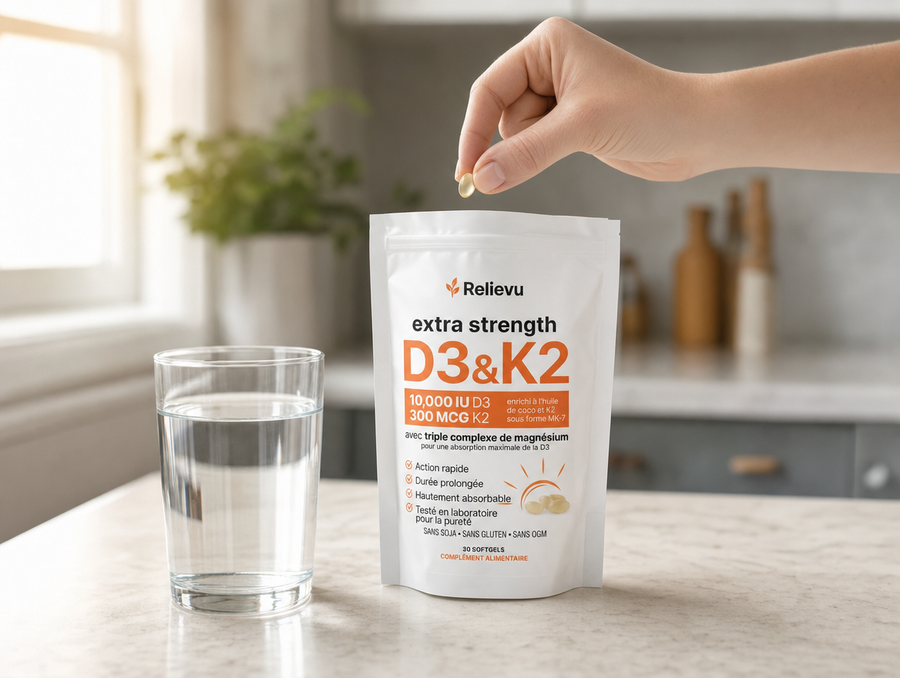 Gélule et sachet Relievu D3 & K2 avec un verre d'eau