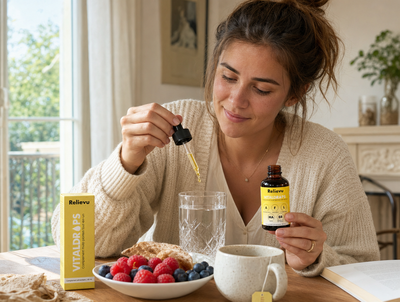 Ajouter quelques gouttes de VitalDrops dans un verre d'eau au petit-dejeuner