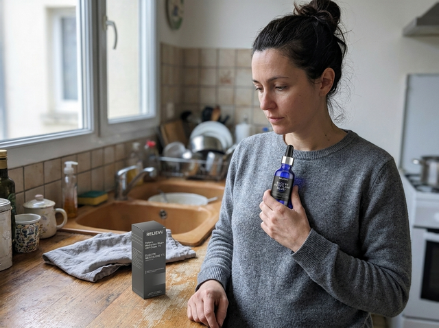 Cliente tenant le flacon fermé dans sa cuisine, l’étui posé sur le plan de travail