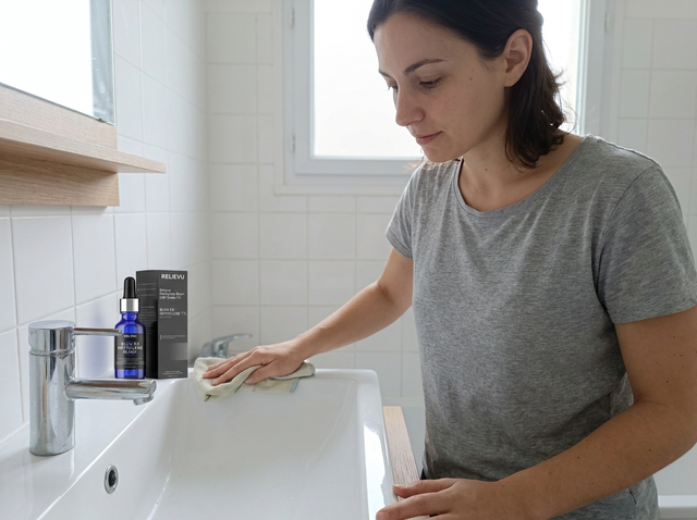 Cliente essuyant le rebord du lavabo, flacon et étui fermés posés sur la tablette
