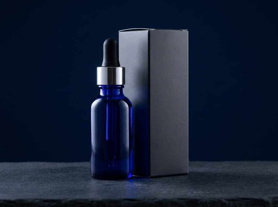 Flacon de bleu de méthylène en verre bleu devant son étui gris anthracite