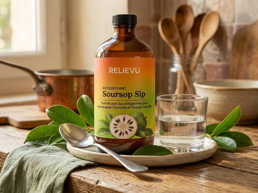 Flacon en verre foncé Relievu Élixir de corossol avec une cuillère à soupe, un verre d'eau et des feuilles de corossol sur un plan de travail