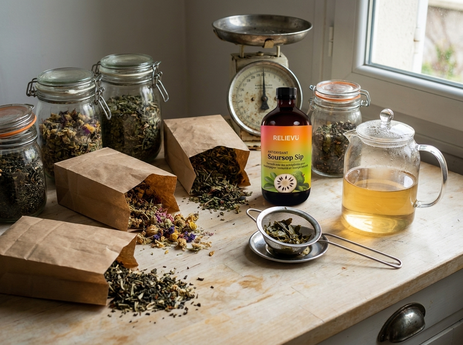 Sachets de plantes séchées, bocaux, théière et passoire sur un plan de travail, à côté du flacon Relievu Élixir de corossol