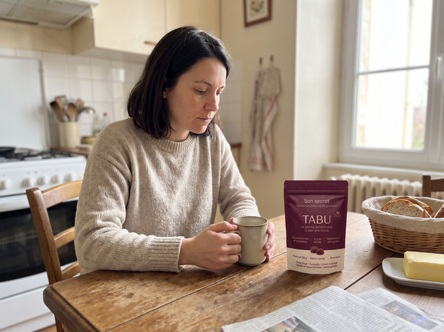 Sachet de gommes Relievu sur une table de cuisine, à côté d’un mug de café