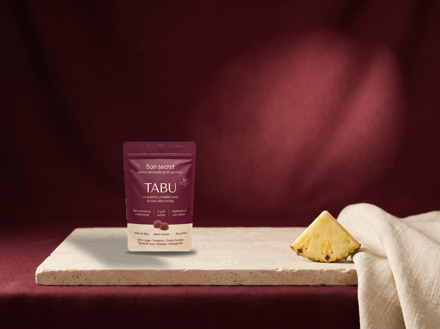 Sachet de gommes Relievu sur fond bordeaux et crème