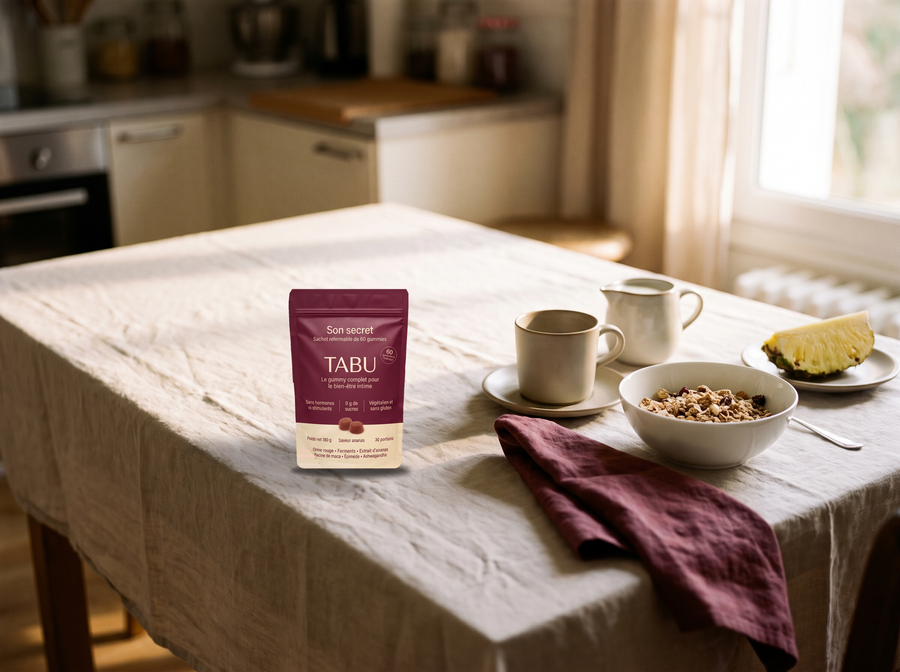 Sachet de gommes Relievu sur une table de petit-déjeuner, le matin