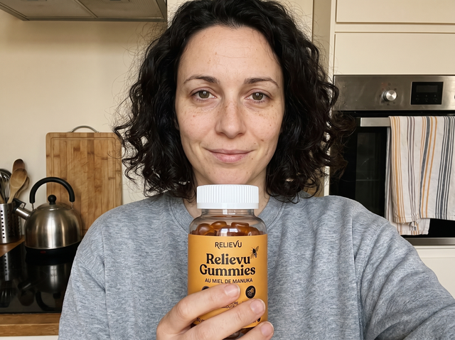 Cliente tenant le flacon de gommes dans sa cuisine